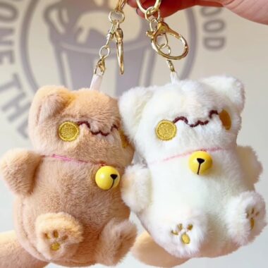 Cute Lucky Cat Soft Toy Plush Keychain with Bell and Embroidered Details
