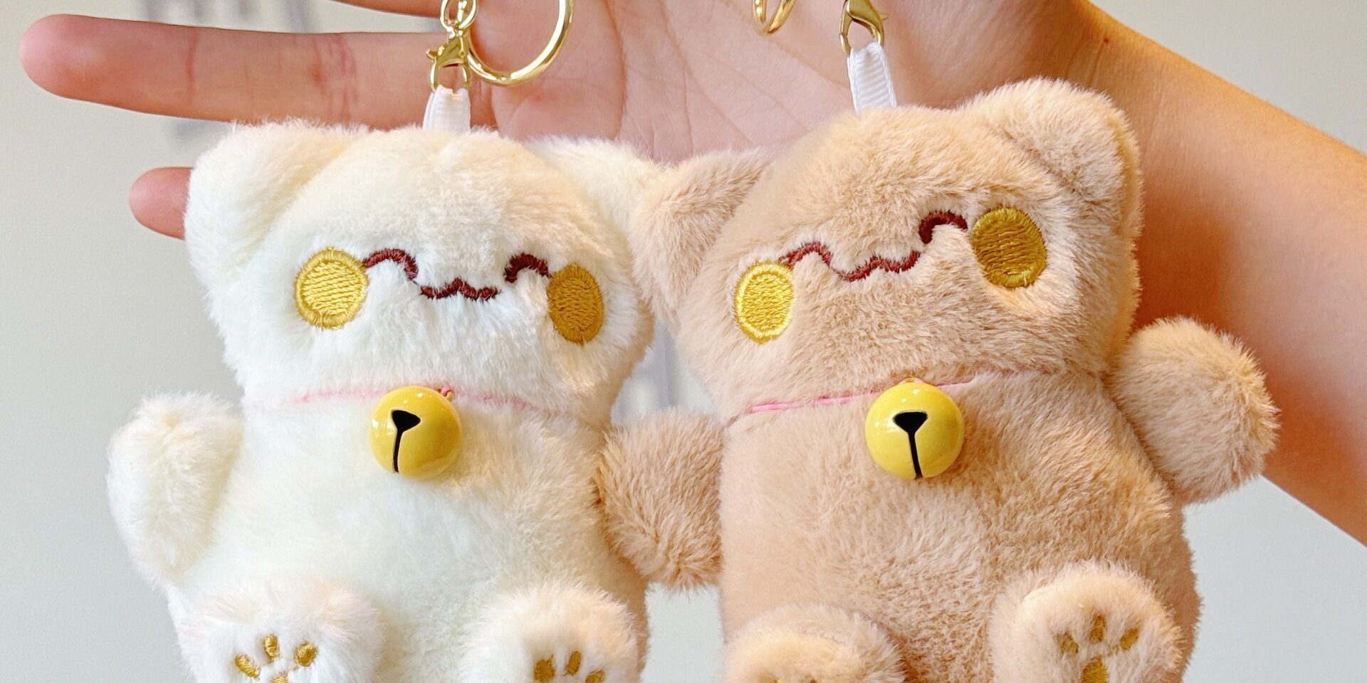 Cute Lucky Cat Soft Toy Plush Keychain with Bell and Embroidered Details