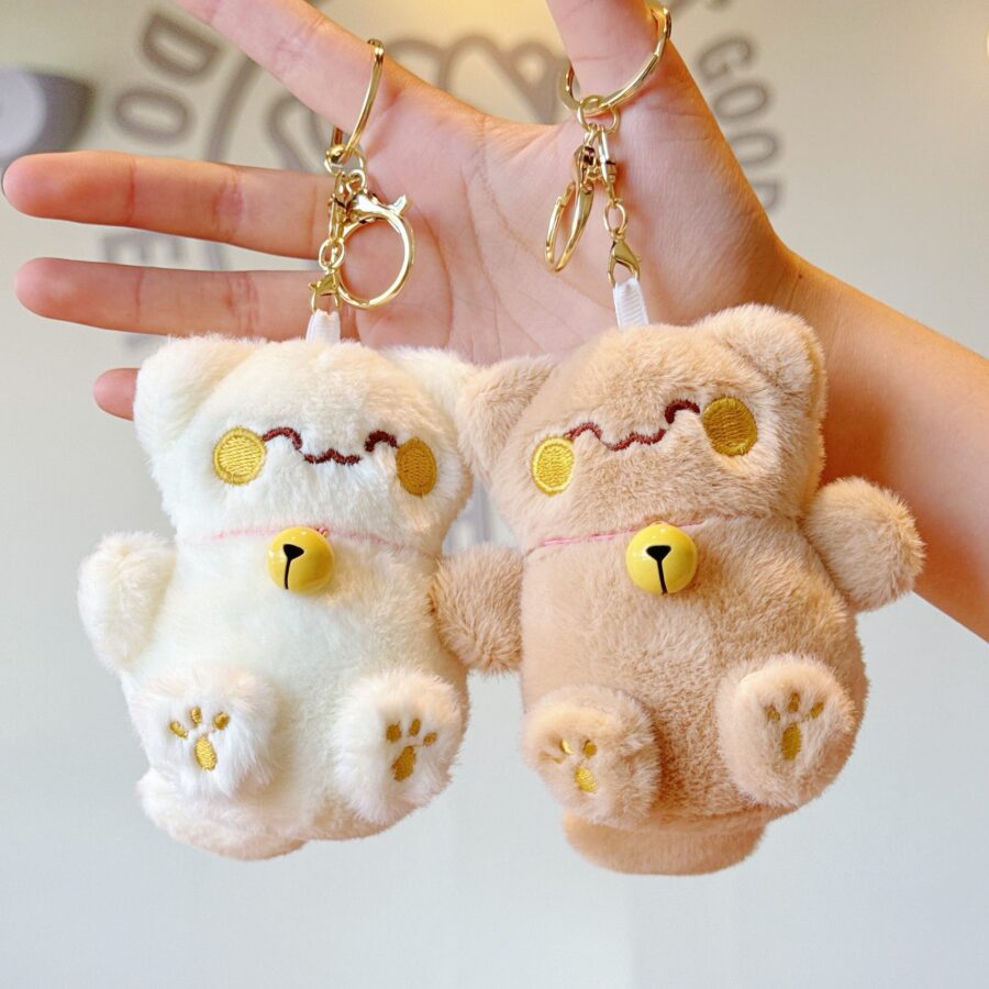 Cute Lucky Cat Soft Toy Plush Keychain with Bell and Embroidered Details