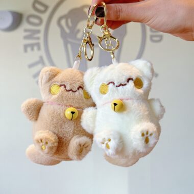 Cute Lucky Cat Soft Toy Plush Keychain with Bell and Embroidered Details