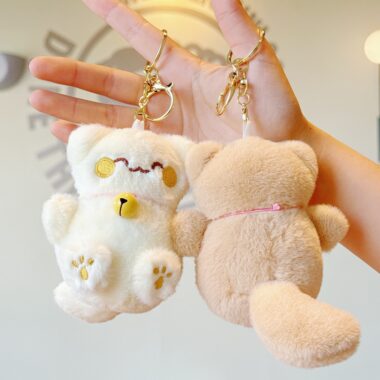 Cute Lucky Cat Soft Toy Plush Keychain with Bell and Embroidered Details