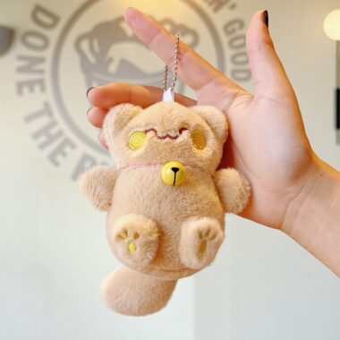 Cute Lucky Cat Soft Toy Plush Keychain with Bell and Embroidered Details