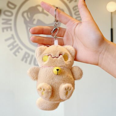 Cute Lucky Cat Soft Toy Plush Keychain with Bell and Embroidered Details